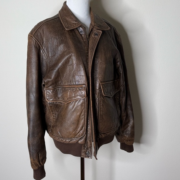 Aeropostale Vintage Brown Leather Bomber Jacket - Picture 2 of 9